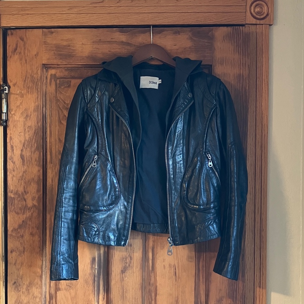 Doma Black Leather Jacket with Hoodie